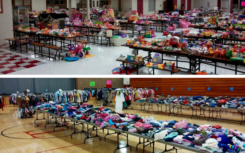 Timothy Christian School children's resale event with tables full of toys and clothes